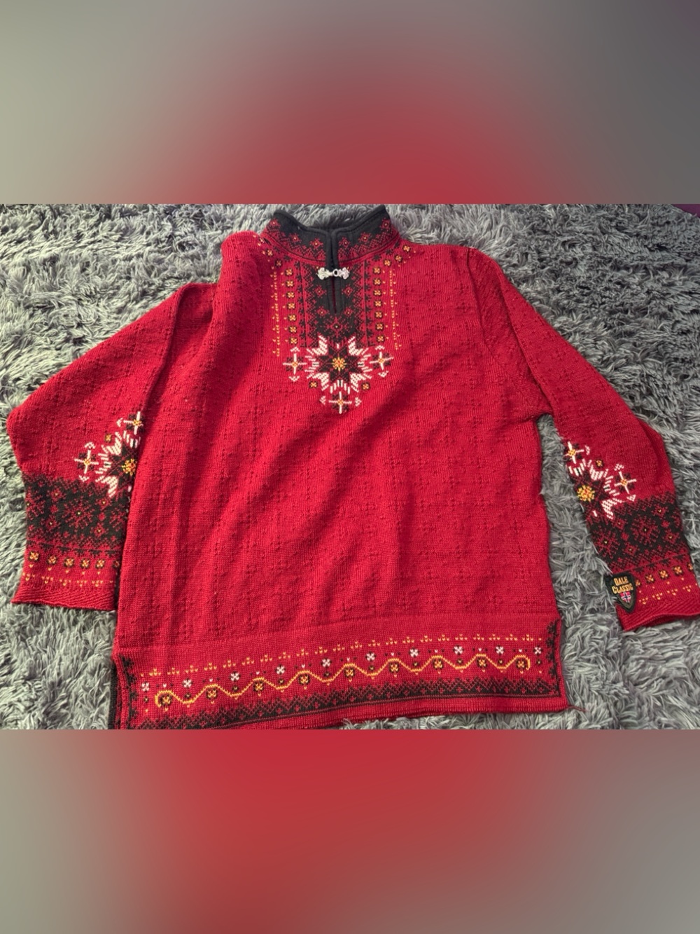 Dale of Norway Red Nordic Cowl-Turtleneck Sweater with Multicolor Embroidery